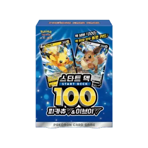 Start Deck 100 Pikachu V Eevee V coréen – deck 60 cartes holo, tapis 2 joueurs, compteurs/ marqueurs, pièce, guide + 2 promos Pikachu V et Évoli V.